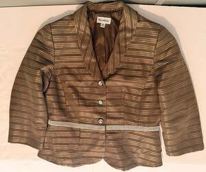 Nicolette Brown Striped Metallic Rhinestone Trim Blazer Jacket & Skirt Size 12